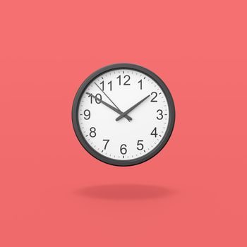 Black Analog Clock on Flat Red Background with Shadow 3D Illustration