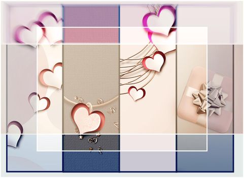 Faded grunge love collage. Paper hearts on pastel background with gift box. Vintage Valentines collage. 3D illustration