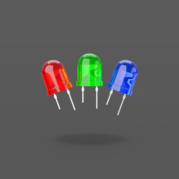 RGB Red, Green and Blue Led Diodes on Flat Black Background with Shadow 3D Illustration