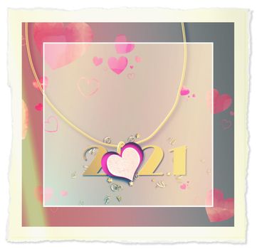 valentines day 2021 vintage collage, hearts, digit 2021 in pastel faded colours. Paper heart, pink hearts, neckless in grunge style. 3D illustration