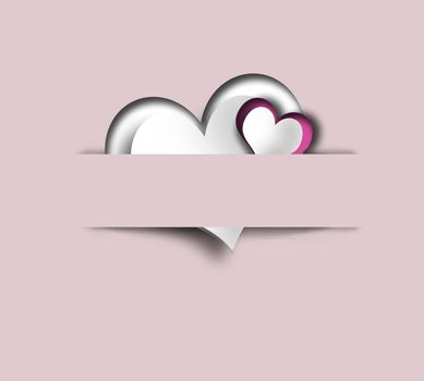Elegant love Valentines card, pink hearts in paper strip on pastel pink colour background. Pretty elegant Valentine day design. 3D render