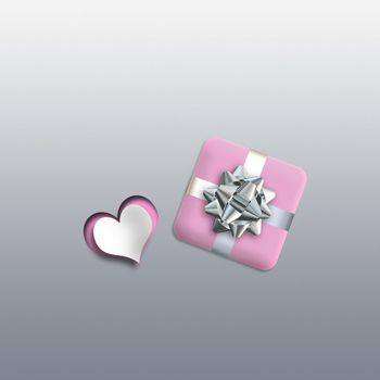 Elegant love card with pink heart, gift box in pastel pink grey colours. Valentines design. Place for text, copy space. 3D render