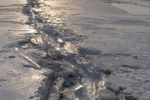 A crack on the icy surface of the sea.