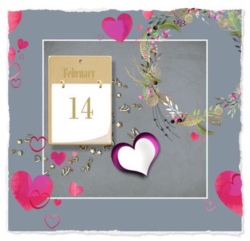 Elegant love hearts collage in pastel pink grey colours. Valentines card with 14 February calendar, wreath, hearts in elegant funky style. 3D illustration