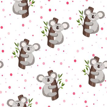 Seamless pattern with cute koala baby and hearts on white polka dots background. Funny australian animals. Card, postcards for kids. Flat vector illustration for fabric, textile, wallpaper, poster.