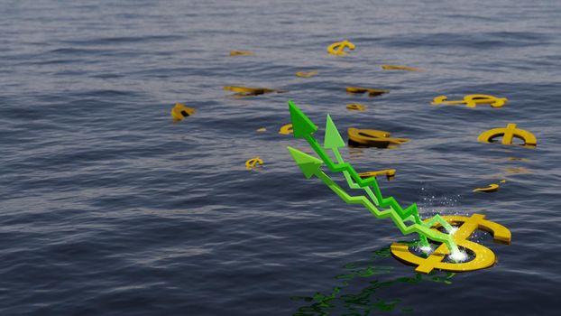 Water futures investment earnings, soaring prices. Dollar signs floating on a body of water with green arrows. Digital 3D render.