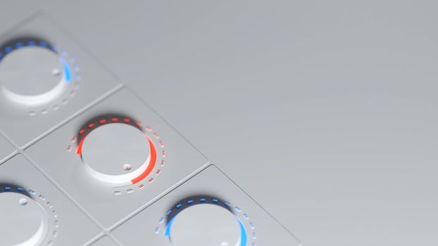 White knobs on a control panel with red and blue highlights. Music, recording, audio equipment concept. Digital 3D render.