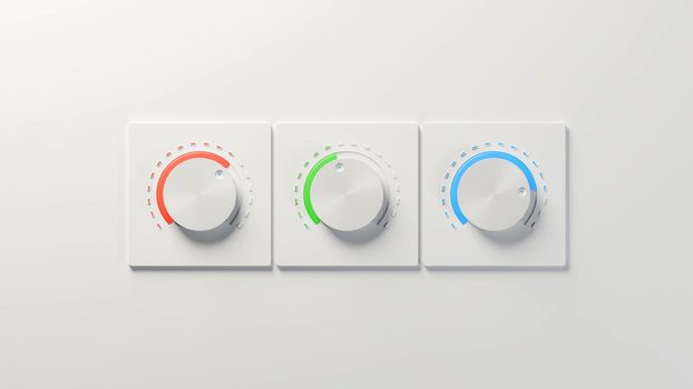 Three white knobs with red, green, and blue highlights on white background. RGB color mix, audio equipment concept. Digital 3D render.