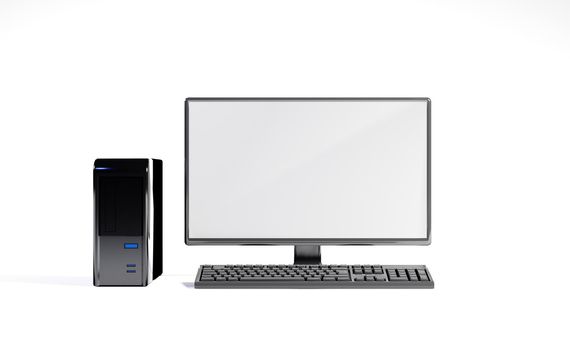 Desktop computer with empty screen as template on white background. Digital render.