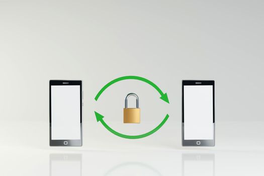 Secure, encrypted communication between mobile devices, concept. Two smartphones with green arrows and a padlock. Digital render.