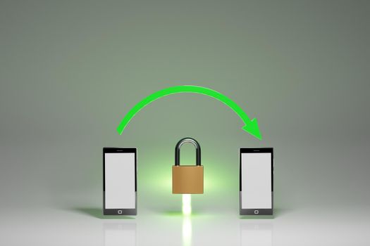 Secure, encrypted communication between mobile devices, concept. Two smartphones with a green arrow and a closed padlock. Digital render.