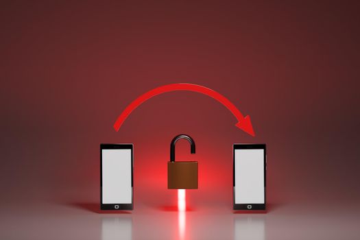 Vulnerable, unencrypted connection between mobile devices, concept. Two smartphones with red arrow and open padlock. Digital render.