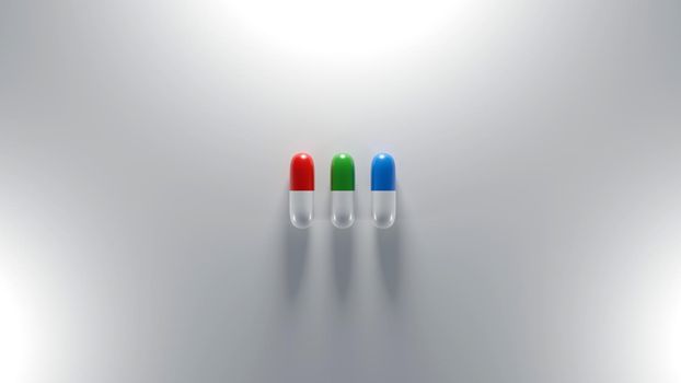 Three pills colored red, green, and blue, on white background with studio lighting. Digital render.