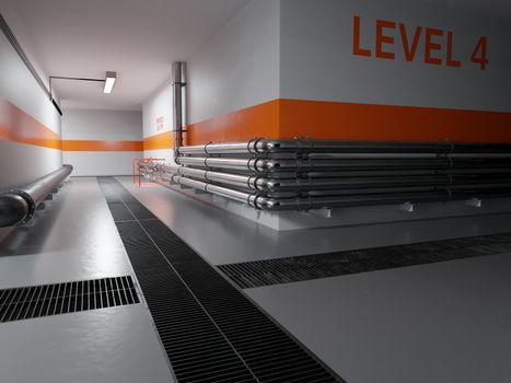 Clean, modern industrial hallway with stainless steel pipelines. Digital render.