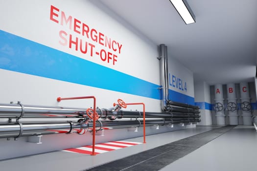 Clean, modern industrial hallway with stainless steel pipelines and red emergency valves. Digital render.