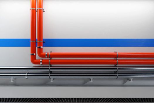 Red and metallic pipelines across a white wall with blue accent line. Clean, modern industrial background. Digital render.