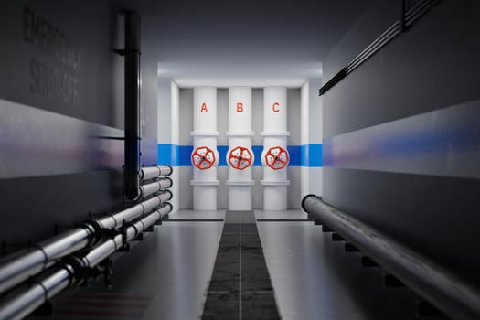 Clean, modern industrial hallway with large pipelines and red valves. Digital render.