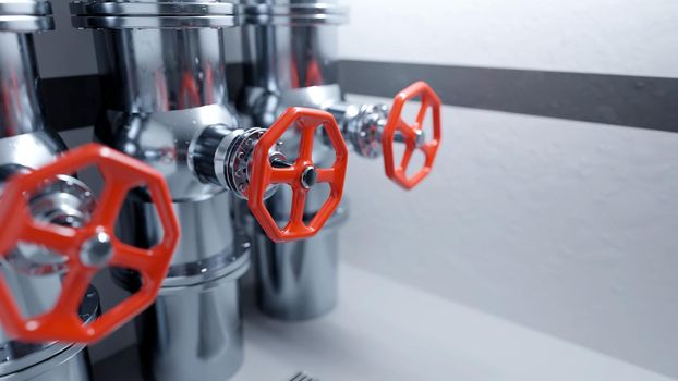 Red industrial valves on stainless steel pipelines. Clean, modern industrial background. Digital render.