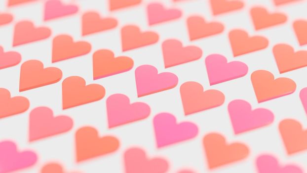 Red and pink hearts in a repeating pattern on white background. Digital render.