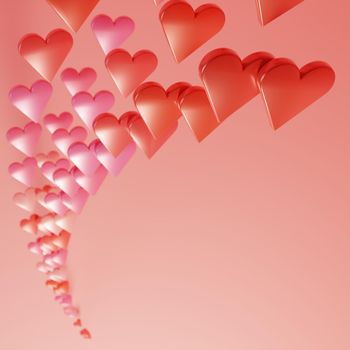 Love, affection,concept background. Flying red hearts on pink background. Digital render.