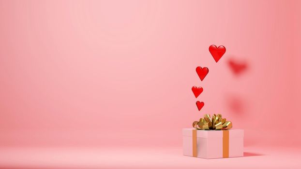 Valentine's day, anniversary concept background with large negative space. Fancy gift box with floating hearts. Digital render.