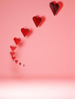 Love, affection, concept background. Floating translucent red hearts on pink background with large negative space. Digital render.