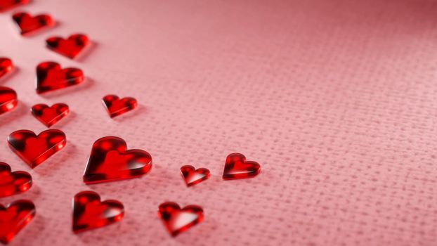 Valentine's day, anniversary concept background. Translucent shiny red hearts on pink wool surface. Digital render.