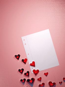 Valentine's day, love letter template background. Translucent shiny red hearts and an blank paper sheet. Digital render.