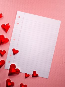 Valentine's day, love letter template background. Translucent shiny red hearts and an blank paper sheet. Digital render.