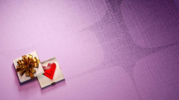 Valentine's day, anniversary gift background with large negative space. Shiny red heart in a fancy gift box. Digital render.