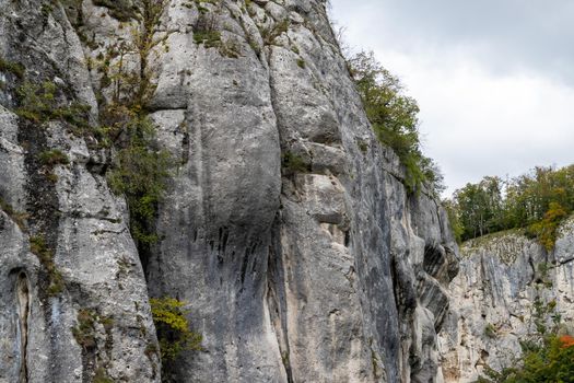Close-up of limestone rock formation at Danube breakthrough near Kelheim, Bavaria, Germany in autumn 