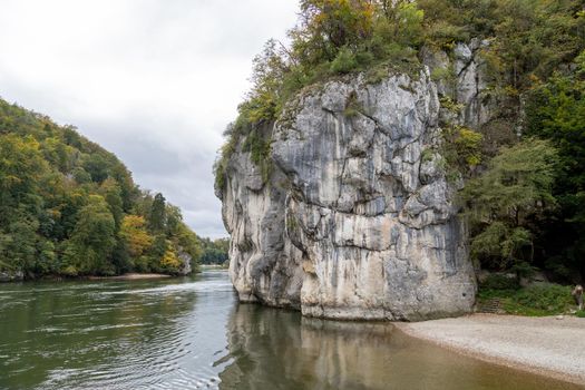 Nature reserve at Danube river breakthrough near Kelheim, Bavaria, Germany in autumn with limestone rock formations and plants with colorful leaves, autumnal impressions