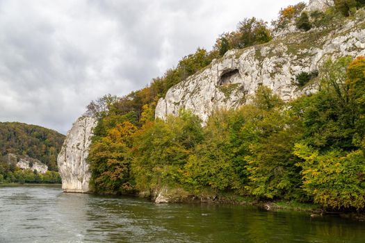 Nature reserve at Danube river breakthrough near Kelheim, Bavaria, Germany in autumn with limestone rock formations and plants with colorful leaves, autumnal impressions