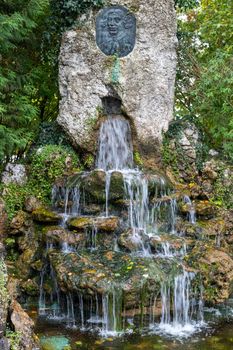 Fountain with splashing water at Danube Gate (Donautor) in the city Kelheim, Bavaria, Germany