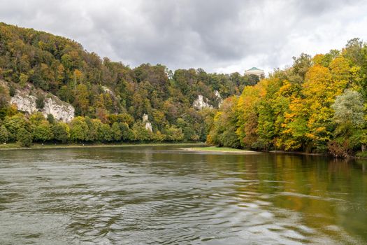 Nature reserve at Danube river breakthrough near Kelheim, Bavaria, Germany in autumn with limestone rock formations and plants with colorful leaves, autumnal impressions