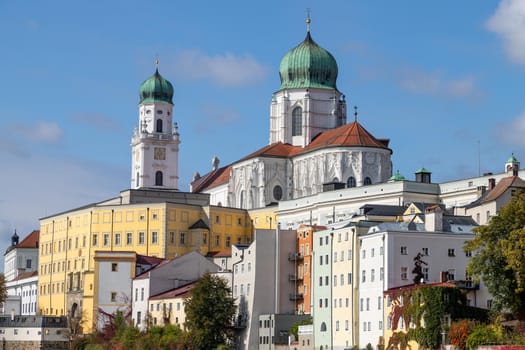 View at the towers of St. Stephen's Cathedral (Dom St. Stephan) in Passau, Bavaria, Germany