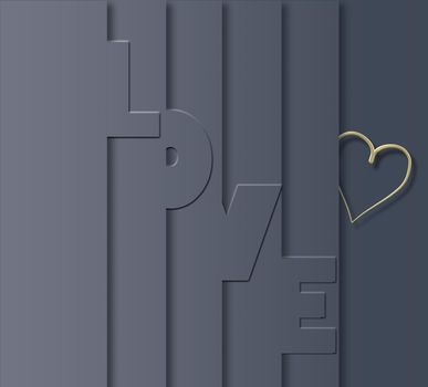 Love Valentine card, modern style, 3D text LOVE and symbol of love gold heart on grey pastel background. Trendy elegant design, place for text. 3D rendering