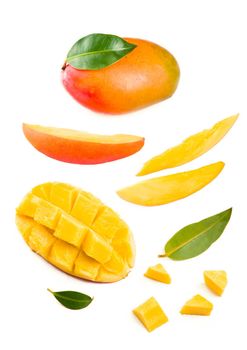 Mango fruit with green leave isolated on white background.