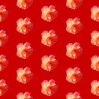 Seamless pattern with roses on a red background in hard light from behind from above. Pop art creative design for textile, fashion, fabric, wrapping paper.