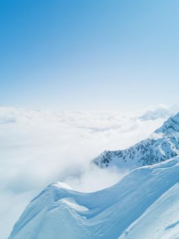 Panoramic view of high mountains landscape in winter landscape, Sochi, Russia