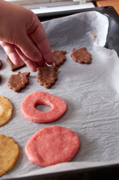 Cutting cookies from the dough and preparing for bake in the electrical stowe