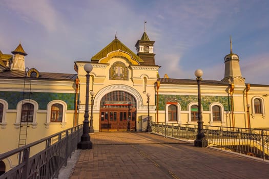 Vladivostok, Russia-March 18, 2020: Old railway station building.