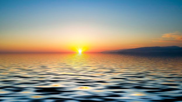 The view from the height over the sea with colorful sunset .