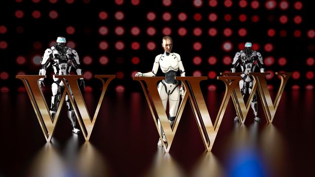 WWW text and three robots supporting them - 3d rendering