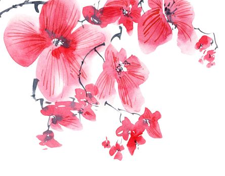 Watercolor and ink illustration of sakura tree branch. Oriental traditional painting in style sumi-e, u-sin and gohua. Background design for greeting card, invitation or cover.