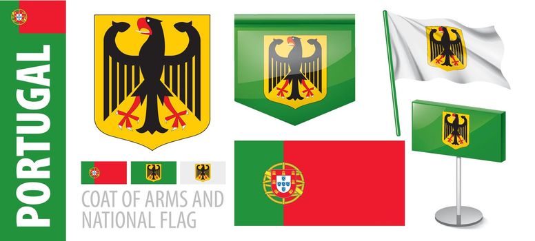 Vector set of the coat of arms and national flag of Portugal.