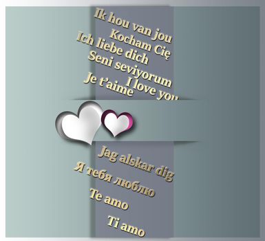 I love you text in different European languages. Paper heart and I love you gold text on green pastel background. 3D illustration