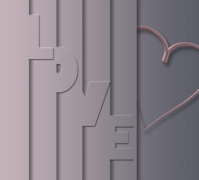 World love made of shadow on grey pastel wall with shape of heart. Love, Valentine, wedding, invitation card. Place for text. 3D illustration.