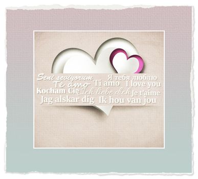 I love you on multiple languages, hearts in paper strip on pastel pink background. Valentines, birthday design. 3D render