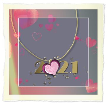 Neckless with heart, 2021 year on pastel pink grey grunge faded background. Symbole of love for 2021 year, Valentines greeting, 3D rendert